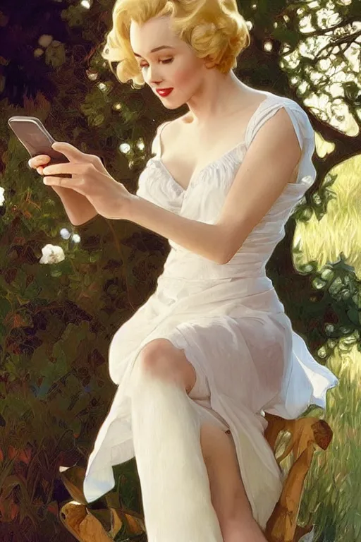 Prompt: beautiful cottagecore Marylin Monroe talking on a cell phone. intricate, elegant. highly detailed, digital painting, artstation, concept art, smooth, sharp, focus, illustration. . art by artgerm and greg rutkowski and alphonse mucha
