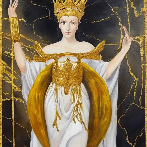 Image similar to the young sovereign of mars in the prime of her reign and the height of her power, looking to the side with fierce but kind eyes, dressed in white and gold robes and a golden laurel crown, inspired by roman emperors, abstract oil painting