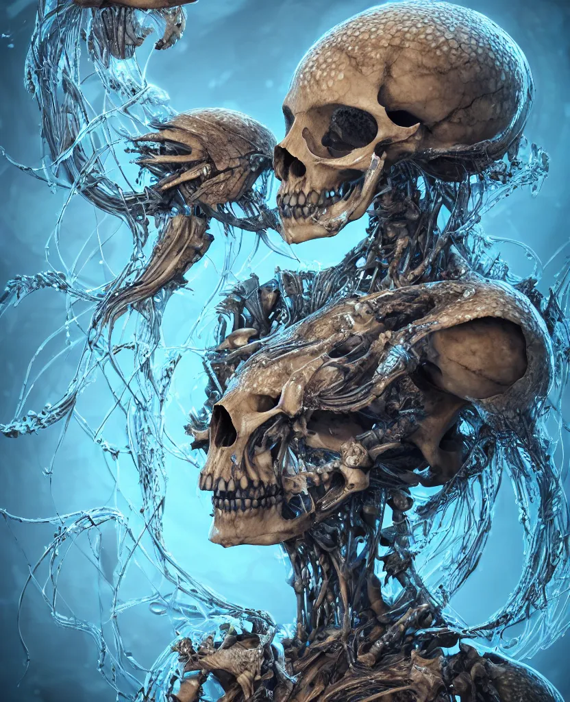 Image similar to close-up macro portrait of the face of a beautiful princess with animal skull mask, epic angle and pose, ribcage bones symmetrical artwork, 3d with depth of field, blurred background, cybernetic jellyfish female face skull phoenix bird, translucent, nautilus, energy flows of water and fire. a highly detailed epic cinematic concept art CG render. made in Maya, Blender and Photoshop, octane render, excellent composition, cinematic dystopian brutalist atmosphere, dynamic dramatic cinematic lighting, aesthetic, very inspirational, arthouse. y Greg Rutkowski, Ilya Kuvshinov, WLOP, Stanley Artgerm Lau, Ruan Jia and Fenghua Zhong