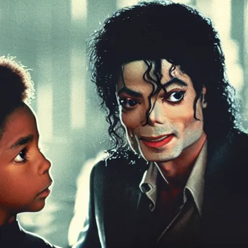 Image similar to michael jackson meeting his younger self, movie still 8 k hdr atmospheric lighting