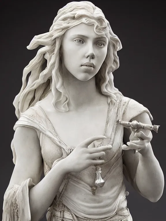 Image similar to a dramatically lit art nouveau white marble and silver portrait sculpture of a very young scarlett johansson as joan of arc, delicate, intricate, smooth, beautiful, glowing, by charles van der stappen