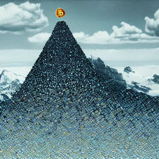 Image similar to a mountain made out of computer screens that display bitcoin logos, cinematic, post - apocalyptic landscape, harsh contrast lighting, in the style of surrealism, made by salvador dali