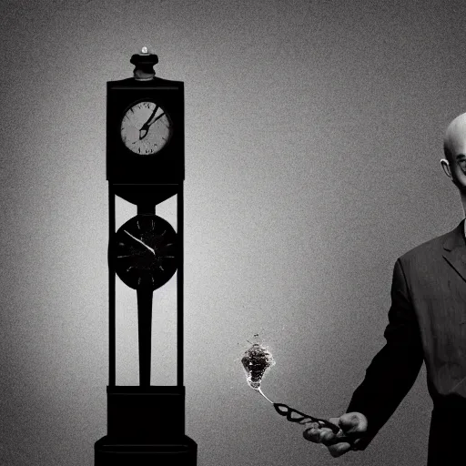 Prompt: Tommy Ingberg One man standing next to a much larger clock ultra detailed hd photo realistic