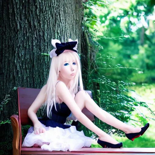 Image similar to anime kerli koiv young female model sitting on bench photography sun dress beautiful face and body, dramatic light 8 0 mm camera