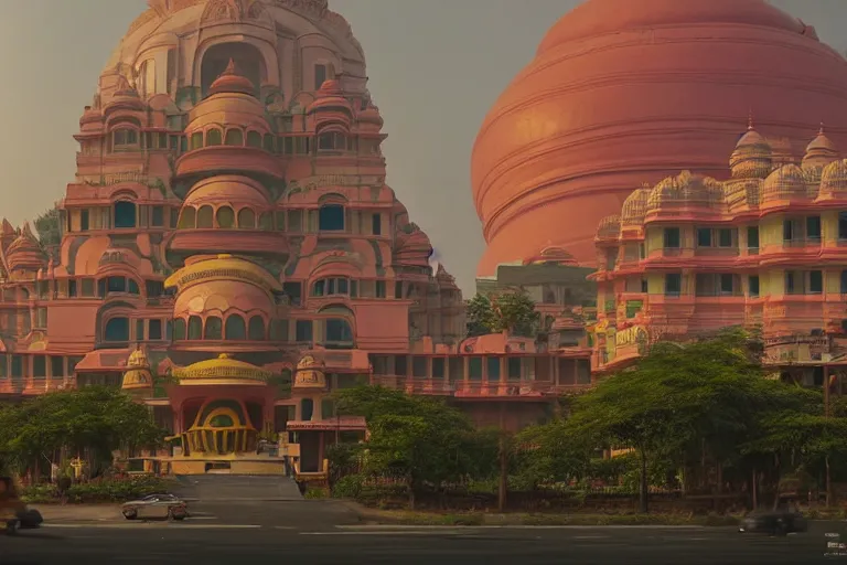 Image similar to gorgeous dreamscape! biomorphic new delhi, hanuman!! head building, kalighat, octane highly detailed cinematic, stephen shore & john j. park, soft morning light, wide shot, high angle, uhd 8 k, deep focus