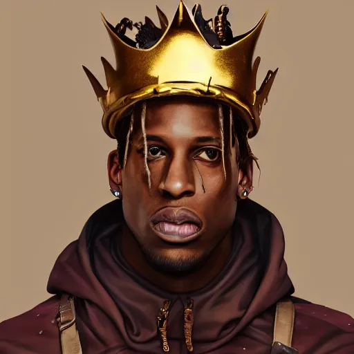 Prompt: travis scott with a golden crown, album cover,, a character portrait by weiwei, cgsociety, sots art, official art, art, character,