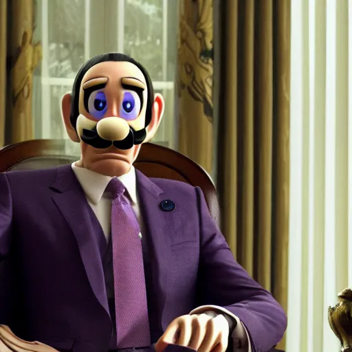 Prompt: Nintendo Waluigi sitting menacingly and powerfully in a chair as Francis Underwood in House of Cards