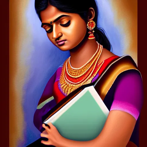 Image similar to hyperrealistic painting of a beautiful young tamil woman holding a notebook while a woman and three men emerge out of the book like genies, detailed digital art, trending on artstation