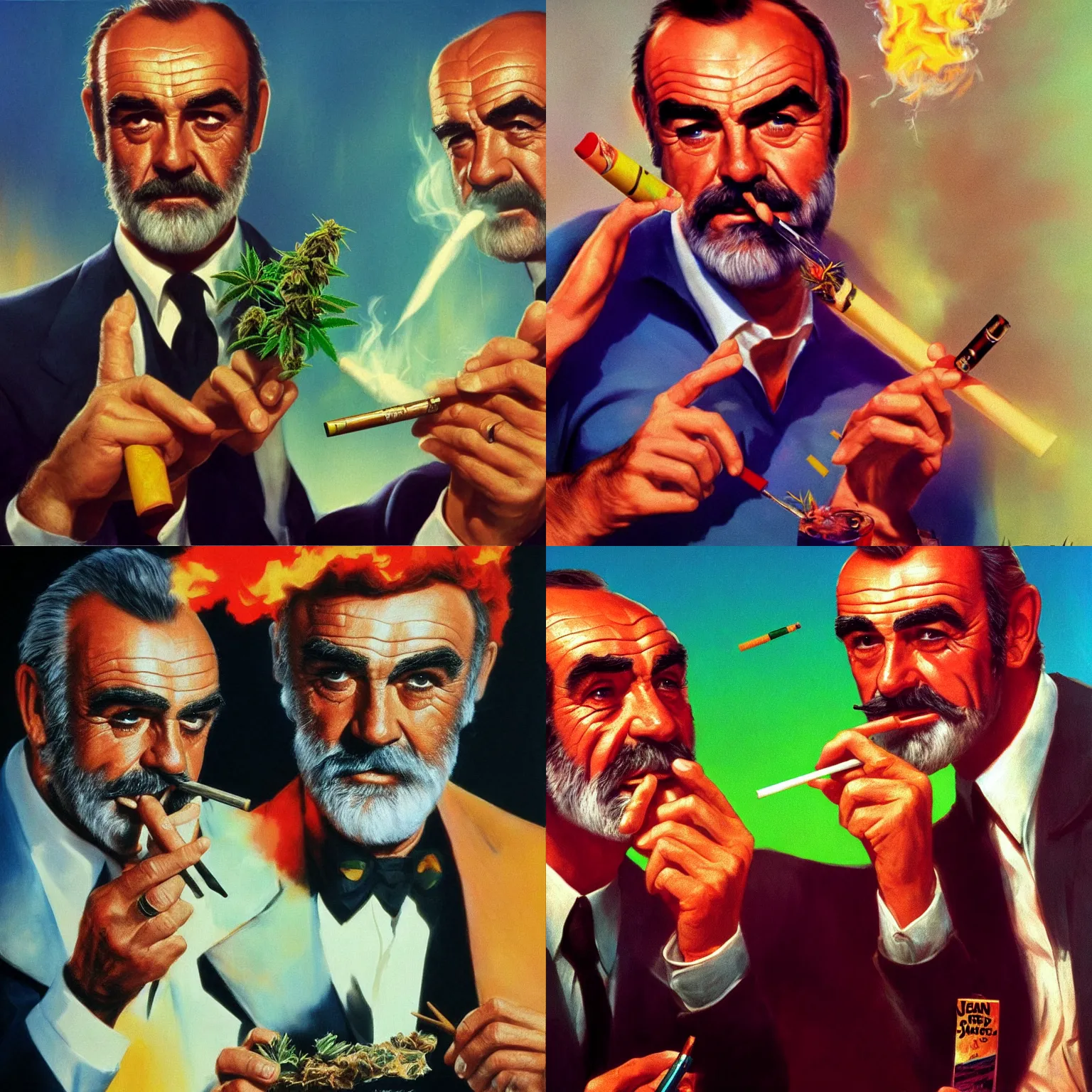 Prompt: Sean Connery smoking a marijuana joint, vivid colors, trending on artstation, cinematic