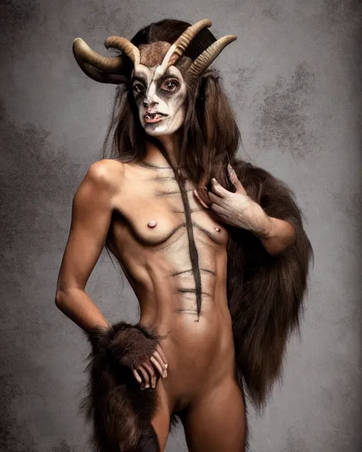 Image similar to Juliana Awada in Elaborate Pan Satyr Goat Man Makeup and prosthetics designed by Rick Baker, Hyperreal, Head Shots Photographed in the Style of Annie Leibovitz, Studio Lighting