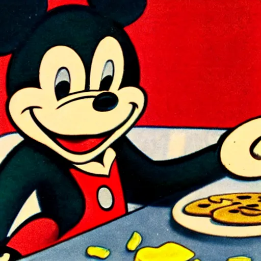 Image similar to film still from 1940s Mickey Mouse Cartoon. Mickey Mouse eating matzah.