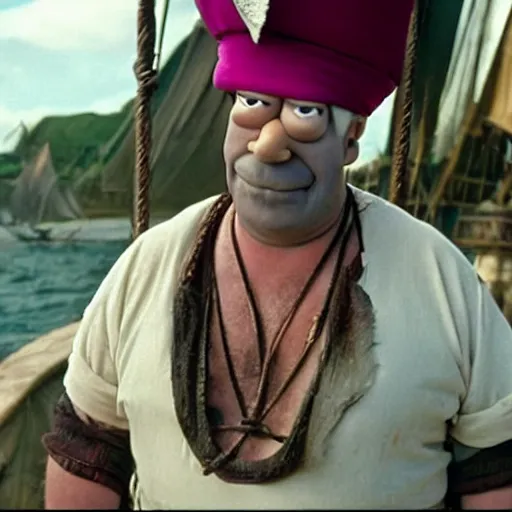 Prompt: A still of Homer Simpson in Pirates of the Caribbean: The Curse of the Black Pearl (2001)