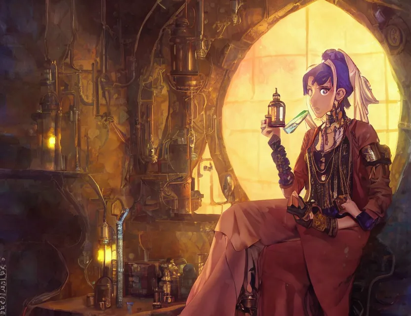 Prompt: middle eastern scifi alchemist in a well - lit study with crystals, wearing a lovely dress with steampunk elements. this oil painting by the award - winning mangaka has an interesting color scheme and impeccable lighting.