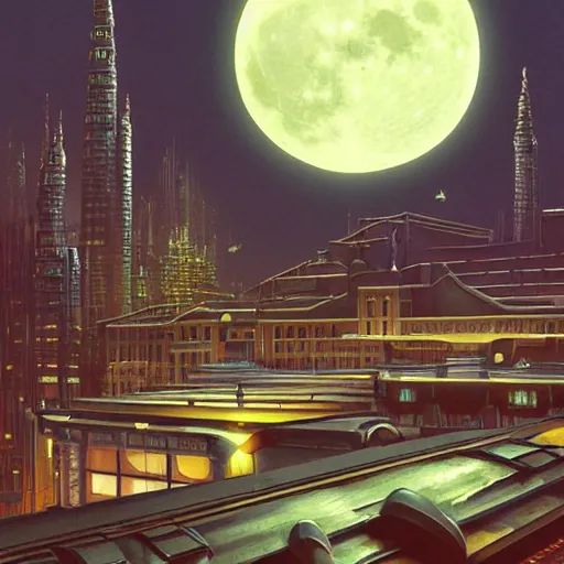 Image similar to an intricate, detailed matte painting of a rooftop in the futuristic city that has many aerials and structures on top with a huge, realistic moon in the background, dramatic lighting, 4k, trending on artstation, by Syd Mead