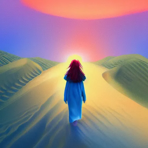 Prompt: closeup giant dahlia flower under face, a girl walking between dunes, surreal photography, sunrise, blue sky, dramatic light, impressionist painting, digital painting, artstation, simon stalenhag