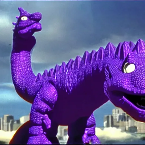 Image similar to barney the purple dinosaur fights godzilla for control of tokyo, file footage