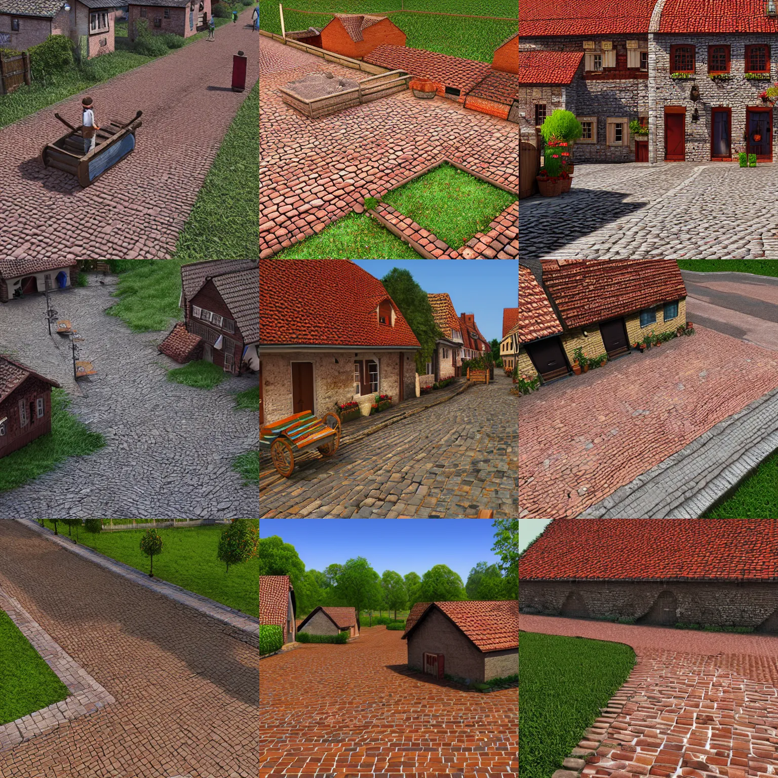 Prompt: Traditional european village brick roadwork. Small folk village ground. 4k. digital 3d professional render. Asset. Substance 3d texture. Quixel megascan. flat 2d texture. Top down.