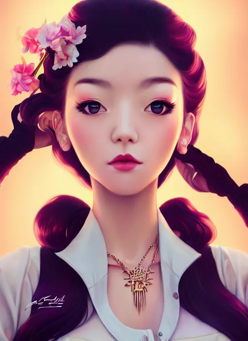 Image similar to a pin up and beautiful fashion dreamlke japan girl with lv jewelry, character art, art by artgerm, wlop, loish, hyperdetailed, 8 k realistic, symmetrical, global illumination, radiant light, frostbite 3 engine, cryengine, dof, trending on artstation, digital art, chanel, dior, detailed background