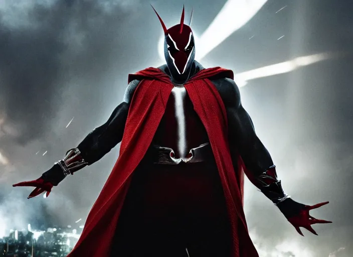 Image similar to film still of michael b jordan as spawn in the new spawn movie, giant chains, large cape, 8 k