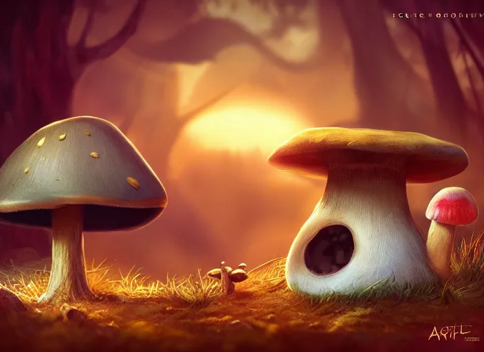 Image similar to a cute creature sitting next to a mushroom, golden hour, fantasy, sharp focus, digital art, hyper realistic, 4 k, unreal engine, highly detailed, hd, dramatic lighting by brom, trending on artstation