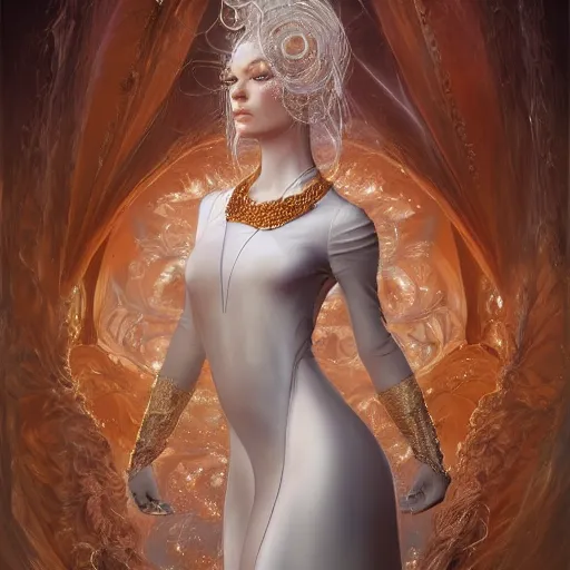 Image similar to a beautiful woman wearing a white dress made of silk with golden ornaments and diamonds jewelry by alex gray and android jones , Karol Bak, Ayami Kojima, Amano , concept art, character design, fantasy,3D, 8k resolution