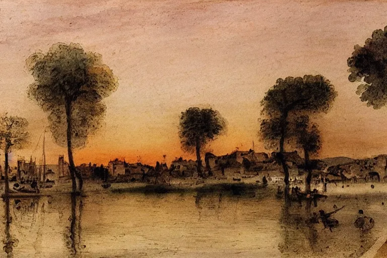 Image similar to watercolor painting of ( la grande motte ) at sunset by watteau