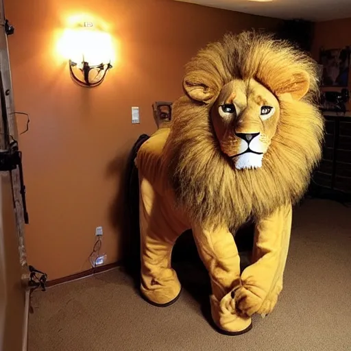 Image similar to a man in a lion costume, craigslist photo, basement