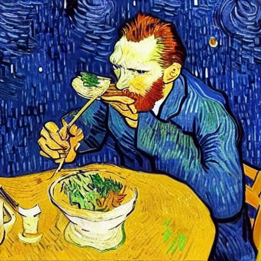 Image similar to van gogh eating kimchi