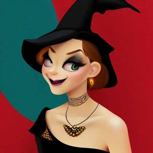 Image similar to portrait of a beautiful female witch in black and golden dress , digital painting , digital art , pixar style , Disney , instagram , trending on artstation