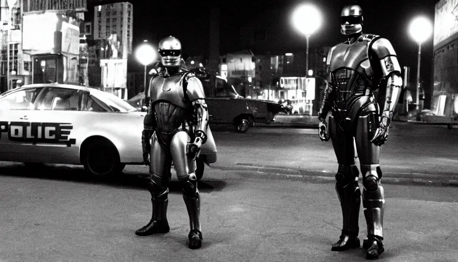 Image similar to peter weller in robocop costume, standing under a street lamp at night in downtown future detroit. leaning against a futuristic police car. criterion collection, movie still. 7 0 mm. imax. film.