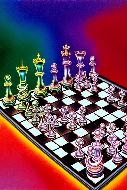 Prompt: realistic detailed image of rainbow clear glass chess set, depth perception, depth of field, action horror by lisa frank, ayami, kojima, amano, karol bak, greg hildebrandt, and mark brooks, neo - gothic, gothic, rich deep colors. beksinski painting, part by adrian ghenie and gerhard richter. art by takato yamamoto. masterpiece