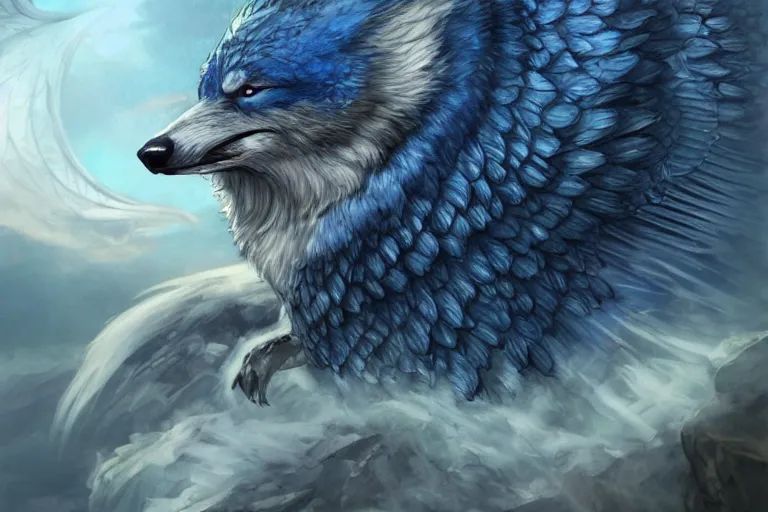 Image similar to Blue feathered wolf with wings on a beautiful fantasy landscape, hills, mountains, moonlit, HD, illustration, epic, D&D, fantasy, intricate, elegant, highly detailed, digital painting, artstation, concept art, smooth, sharp focus, illustration, wallpaper, art by artgerm and greg rutkowski and alphonse mucha and jin xiaodi