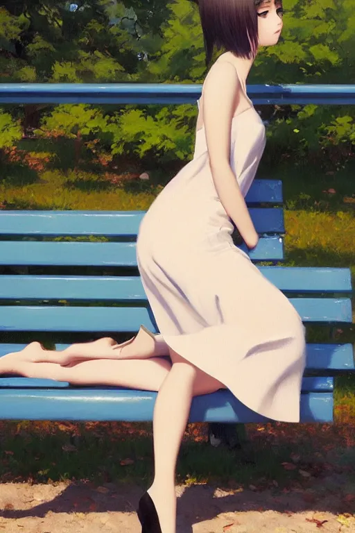 Image similar to A ultradetailed beautiful panting of a stylish girl siting on a park bench, Oil painting, by Ilya Kuvshinov, Greg Rutkowski and Makoto Shinkai