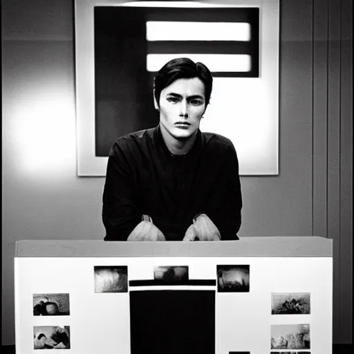 Image similar to stunning symmetrical portrait of alain delon in front of a ( ( ( tall moog synthesizer ) ) ), high contrast grainy blank and white photography print ilford warm tone, huge modular synthesizer