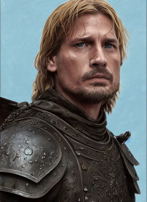 Image similar to jaime lannister, game of thrones, super highly detailed, professional digital painting, concept art, smooth, sharp focus, no blur, no dof, extreme illustration, unreal engine 5, photorealism, hd quality, 8 k resolution, cinema 4 d, 3 d, beautiful, cinematic, art by artgerm and greg rutkowski and alphonse mucha and loish and wlop