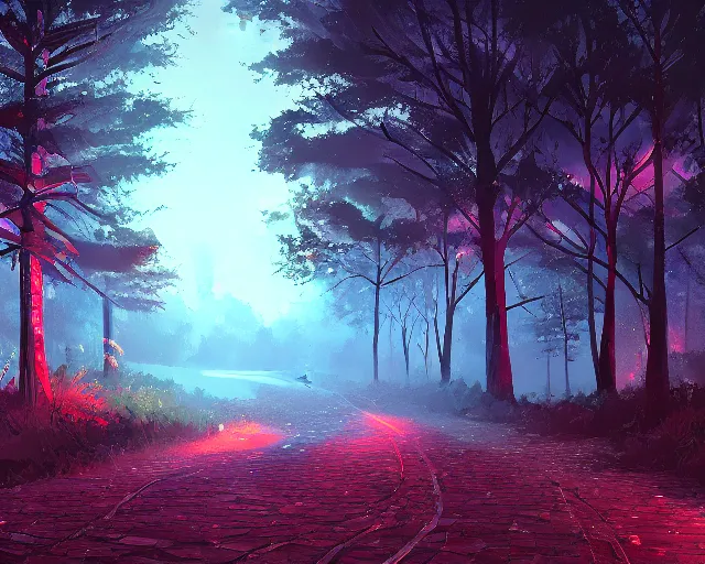 Image similar to haunting wooded trail at night with twisting trees and dim glowing torches, cobblestone trail, makoto shinkai, alena aenami, photorealism