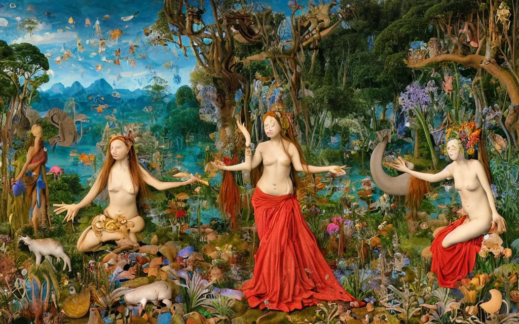 Image similar to a portrait photograph of a meditating mermaid shaman and a centaur monk feeding tropical animals at a wide river delta. surrounded by bulbous flowers, elephants, trees and mushrooms. mountain range under a vast blue sky of burning stars. painted by jan van eyck, max ernst, ernst haeckel and artgerm, cgsociety, artstation, fashion editorial