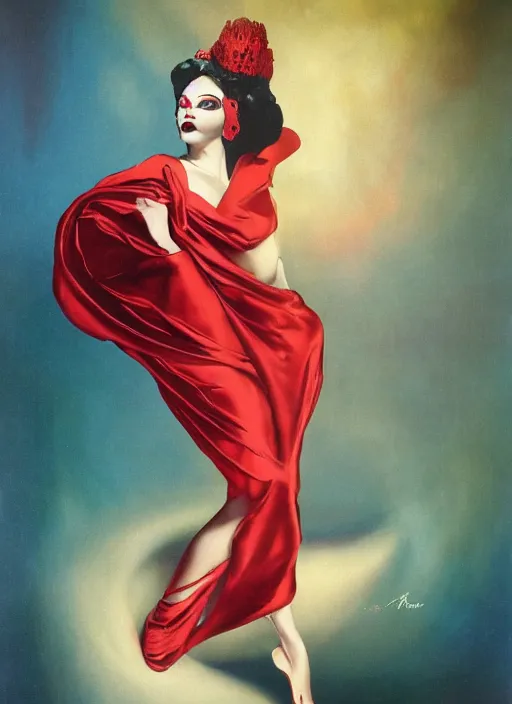 Image similar to an 8 0 s portrait of a woman with dark eye - shadow and red lips with dark slicked back hair dreaming acid - fueled hallucinations by serge lutens, rolf armstrong, delphin enjolras, peter elson, red cloth background