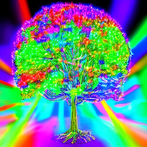 Image similar to hyper - realistic psychedelic tree with neons and lasers