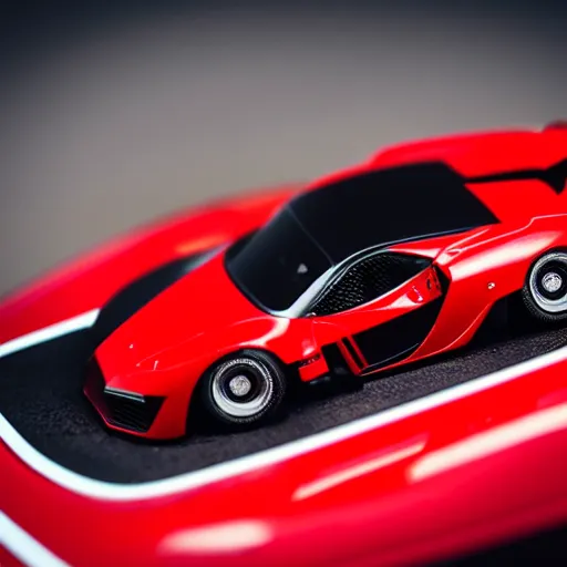 Image similar to a close up of a hotwheel supercar it has a red and black paint job, photoreal, car photography, hotwheels, award winning, supercar