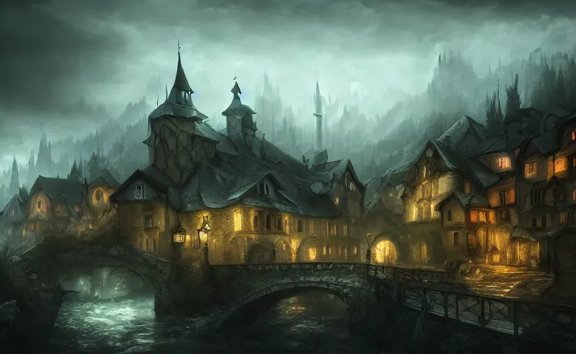 Image similar to extreme long shot concept art depicted old austrian enchanted town, dramatic mood, overcast mood, dark fantasy environment, league of legends, arcane, trending on artstation, unreal engine, golden ratio, spectacular composition, realistic architecture