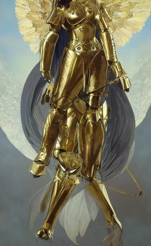 Image similar to Female knight angel in gold and silver armor, their white wings are extended. By artgerm and greg rutkowski and alphonse mucha