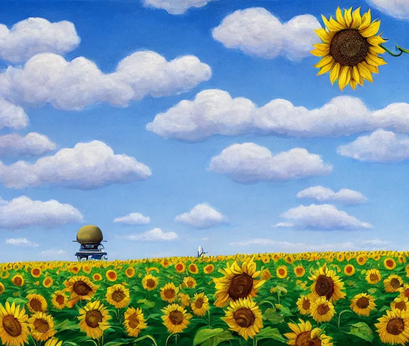 Image similar to a very detailed painting of a sunflower field, baby blue sky with very aesthetic stylized clouds, there is an ad billboard on the field, cows are on the field, an ufo is in the air, the ufo beams up a cow with a green light beam, in the style of edward hopper and hugo pondz, very fine brushstrokes, 4 k,