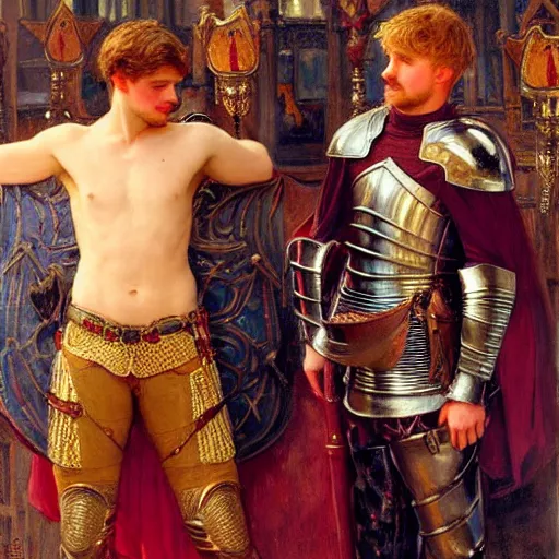 Image similar to attractive fully clothed arthur pendragon confesses his love for his attractive fully clothed male knight. highly detailed painting by gaston bussiere and j. c. leyendecker 8 k