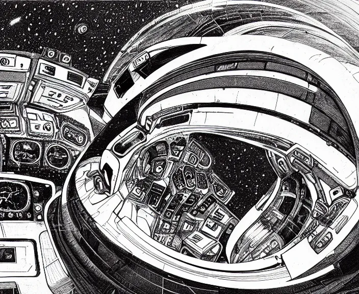 Prompt: a futuristic, complex, detailed, intricate ink drawing of a starship cockpit, with a planet visible through the windscreen, with seats, controls, dials, meters, and indicator lights, concept art for a space movie by ron cobb
