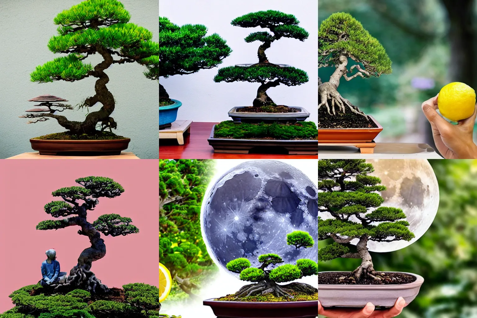 Prompt: the moon resting under a bonsai tree while holding a lemonade