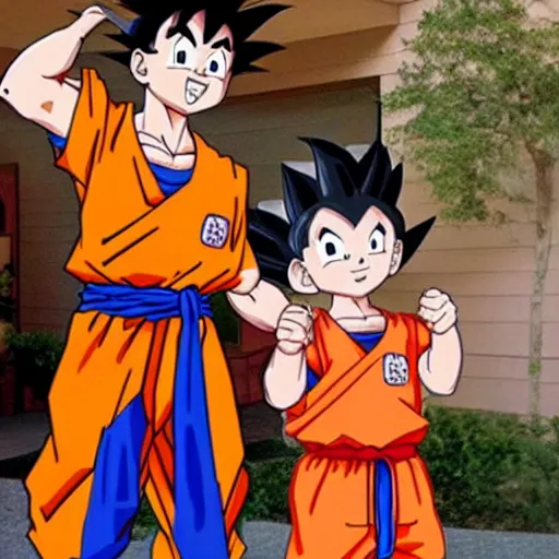 Prompt: goku and chi - chi finally settle down and buy a home