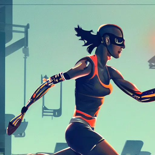 Prompt: Female athlete sprinter in a race with cyborg legs, cinematic stillframe, diesel punk, art deco stadium, artstation, contrasty, anime, otomo