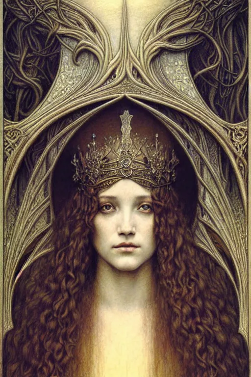 Image similar to detailed realistic beautiful young medieval queen face portrait by jean delville, gustave dore and marco mazzoni, art nouveau, symbolist, visionary, gothic, pre - raphaelite. horizontal symmetry