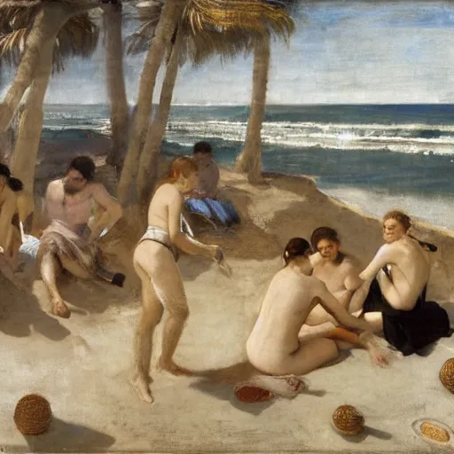 Image similar to A beautiful photograph of a group of people on a beach. The colors are muted and the overall tone is serene. The people are all engaged in different activities, from reading to playing games, and the artwork seems to be capturing a moment of peace and relaxation. by Paolo Veronese, by James Abbott McNeill Whistler, by Ed Emshwiller